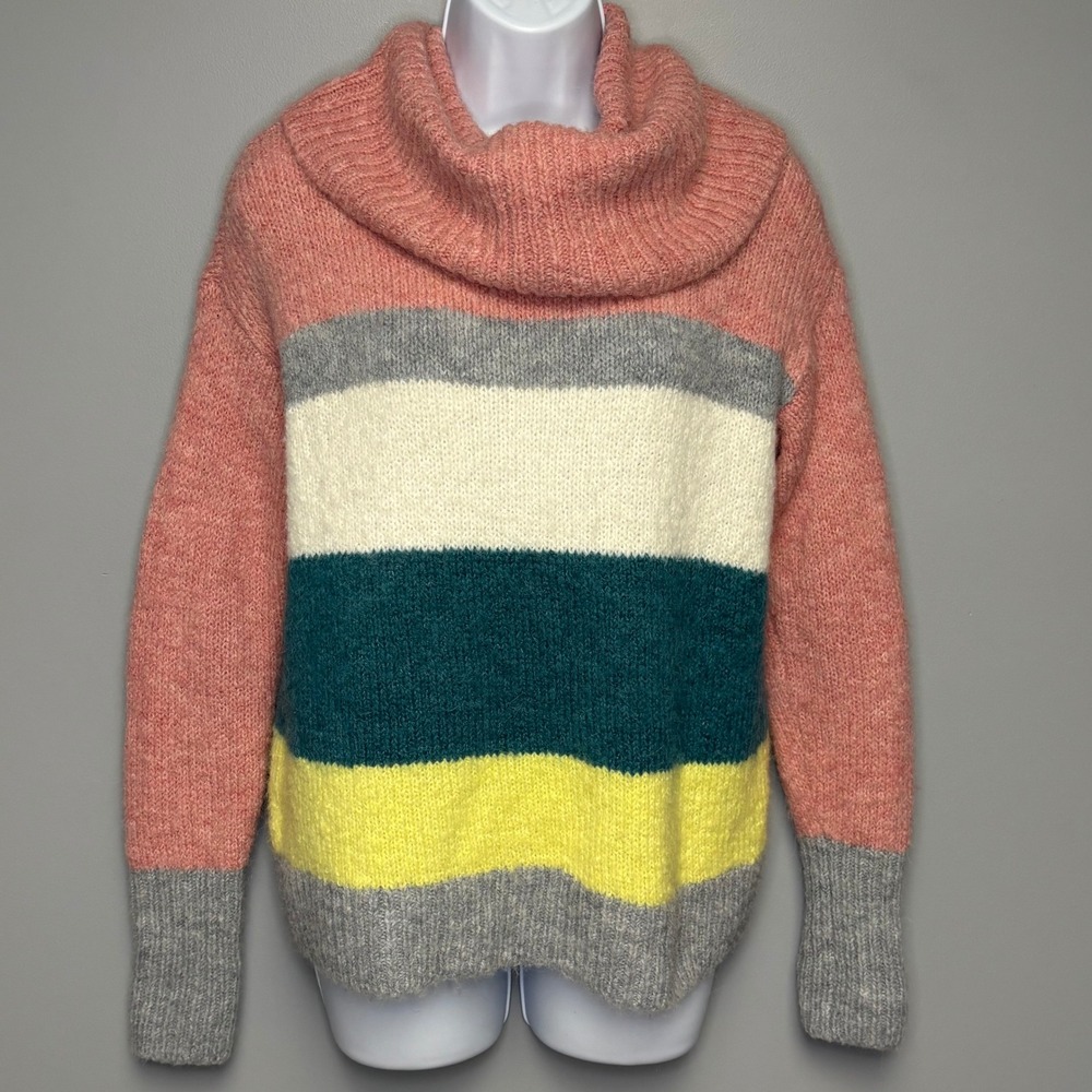 Lou & Grey Loft Alpaca Wool Blend Pink Colorblock Cozy Cowl Neck Sweater Sz XS